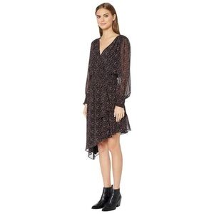 1.STATE Long Sheer Sleeve Floral Chiffon Asymmetric Hem Surplice Smocked Dress S